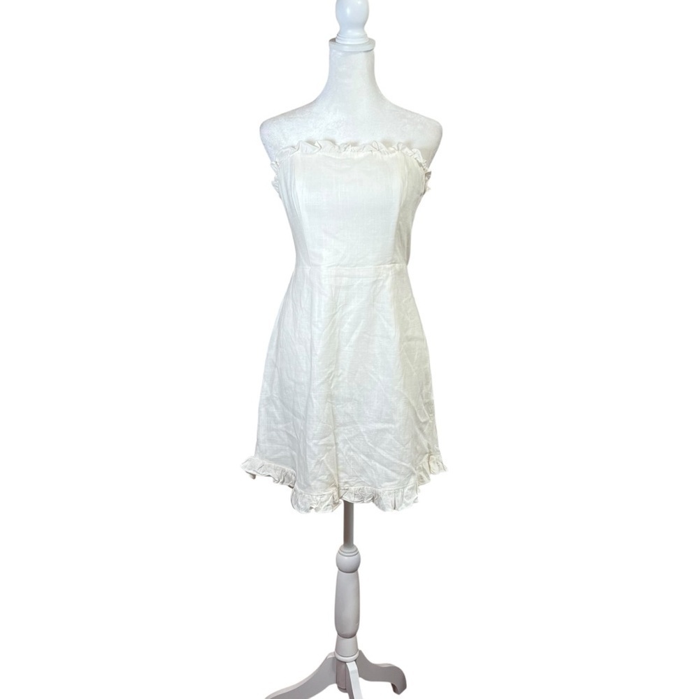 SELFIE LESLIE Little White Mini Dress Cotton Strapless Tie-Back Ruffle Sz Large